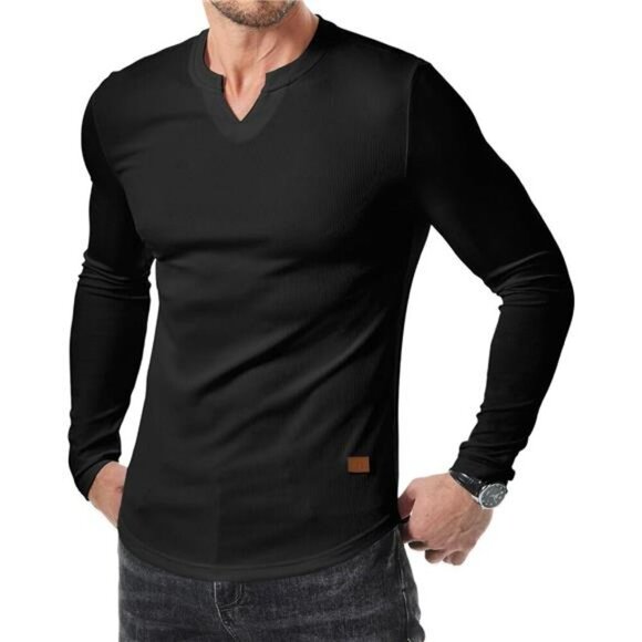 JMIERR Mens V Neck Long Sleeve Muscle Shirt Ribbed Tee Casual Slim Fit - Picture 1 of 7